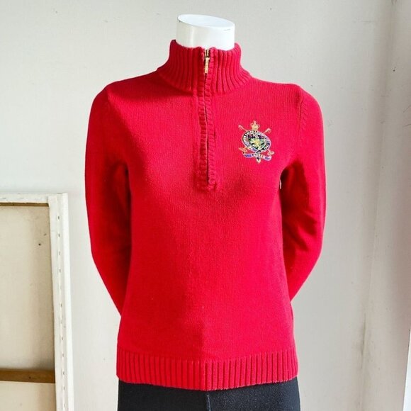 Lauren Ralph Lauren Petite Red Cotton Mock  Neck Crest Detail Pullover S - Picture 1 of 8